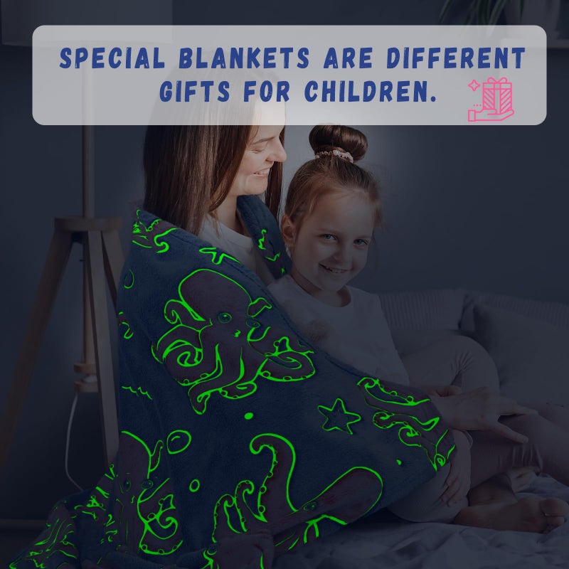 GEULAY Octopus Blanket Glow in The Dark Ocean Blanket Soft Pink Octopus Gifts Toys Decor Blue Fleece Kids Throw for Boys Girls Teens Birthday - Image 4